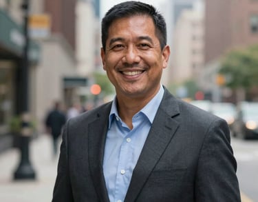 A professional portrait of a community liaison in a North American city setting, smiling warmly, wearing business casual attire, soft bokeh background.