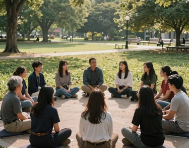 A serene North American park where a small group of people are gathered in a circle for a supportive counseling session, peaceful morning light.