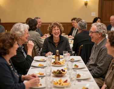 A candid shot of people laughing and talking during a community dinner event in a North American hall, warm atmosphere, gold accents.