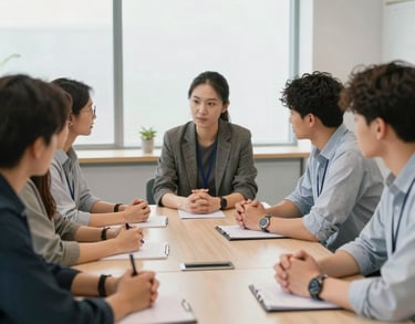 Individuals engaged in a collaborative leadership training exercise around a table in a modern North American meeting room, bright and airy feel.