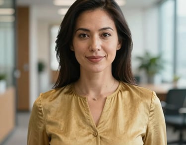 A professional headshot of a woman in a gold-colored professional top, standing in a bright North American office hallway, soft focus.