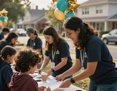 An outdoor community outreach event in a North American neighborhood, volunteers helping families, warm afternoon lighting, gold and teal decorative elements.