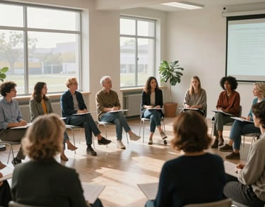 A group of diverse adults participating in an educational workshop in a bright, modern North American community center, soft golden light through windows.