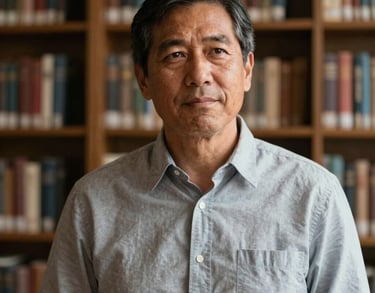 A portrait of a male spiritual guide in North American professional attire, standing in a library with soft light, looking compassionate.