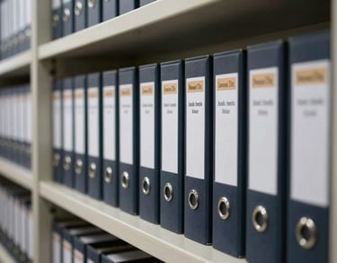 A row of organized legal files in a modern storage area, representing efficiency and order in an Indian legal office.