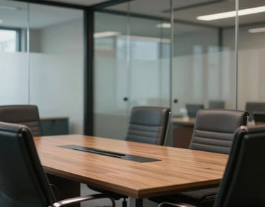 A close-up of a glass-walled conference room in a professional South Asian legal firm, showing a clean table and leather chairs.