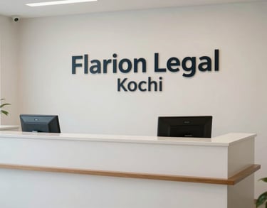 A bright reception area of Flarion Legal in Kochi with a minimalist desk and professional branding visible on the wall.