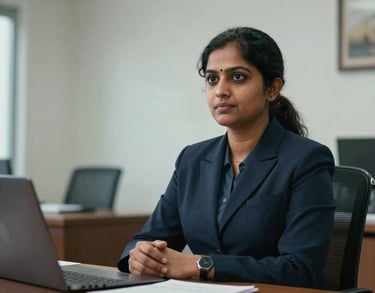 Portrait of a South Asian female administrative director in a clean, modern legal office in Kochi.