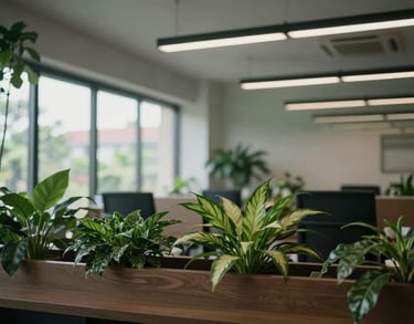 Detailed view of the office interior in Kochi, Kerala, showcasing biophilic elements like indoor plants and natural light.
