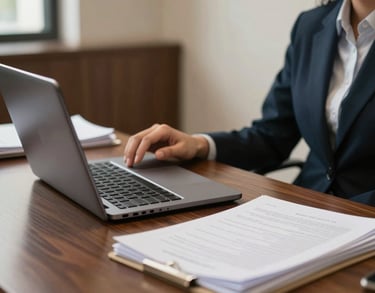 A professional consultation desk in a Kochi legal office with a laptop and neatly stacked documents.
