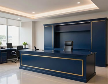 A wide shot of a modern, clean legal office in Kochi with dark blue furniture and gold decorative accents.