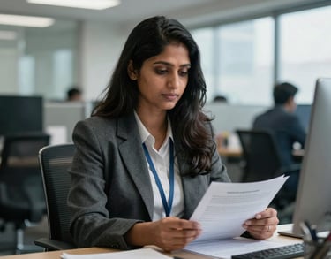 Portrait of a South Asian female consultant in a Kochi office specializing in government-related documentation.