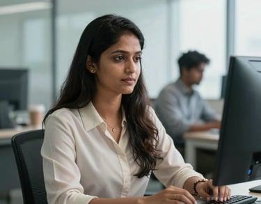 A portrait of a South Asian female professional documentation expert in business attire, working in a bright Kochi office.
