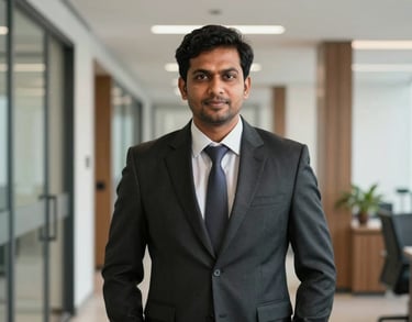 A portrait of a professional South Asian male legal consultant in a sharp dark suit, standing in a modern office corridor in Kochi.
