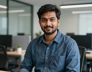 Portrait of a South Asian male professional translator in a modern office setting, looking friendly and reliable.