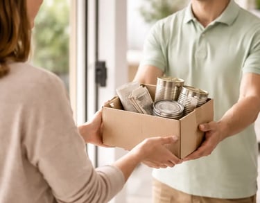 Persona consegna una piccola scatola con materiali riciclabili come carta e lattine