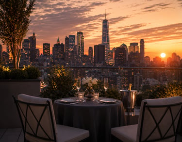 Private rooftop dinner table set for two at golden hour city skyline background luxury experience