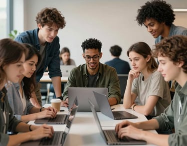 A group of diverse young adults collaborating around a table with laptops in a bright, modern co-working space, International / Global, professional and optimistic atmosphere.