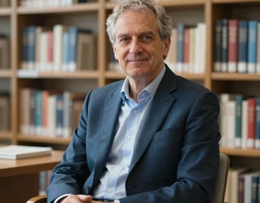A professional portrait of an academic leader sitting in a modern library, International / Global, soft focus on books in the background, Steel Blue and Silver palette.