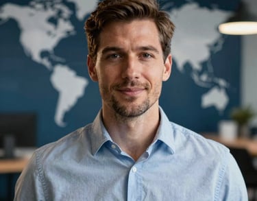 A professional headshot of a confident male executive in a modern workspace, International / Global, soft bokeh background with Dark Blue and Steel Blue highlights.