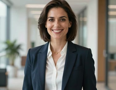 A high-resolution portrait of a smiling professional woman in business attire, International / Global, standing in a bright office hallway, soft natural lighting.