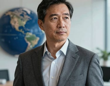 A professional corporate headshot of a mature man with a visionary expression, wearing a tailored suit, International / Global, clean office background with Silver and Dark Blue tones.