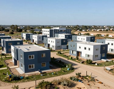 A wide-angle landscape shot of a community-based sustainable housing project featuring modern architecture and green spaces, International / Global, bright daylight, with Sand and Steel Blue accents.