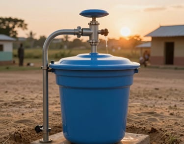 An inspiring photograph of a clean, modern water filtration system being installed in a rural community, International / Global, sunset lighting, Sand and Steel Blue colors.
