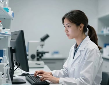 A professional portrait of a woman working at a computer in a clean, minimalist scientific laboratory, International / Global, cool Silver and Off-White lighting.