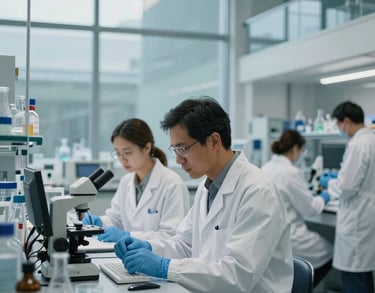 A professional photography shot of a modern, glass-walled research laboratory with diverse scientists working together, International / Global setting, soft natural lighting with Steel Blue and Silver tones.