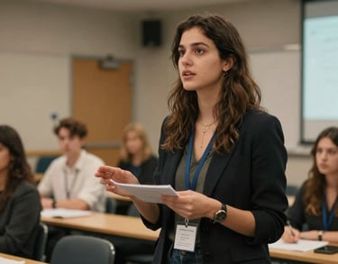 A candid, professional photograph of a young woman leading a workshop in a modern seminar room, International / Global, focus on expressive engagement, warm lighting.