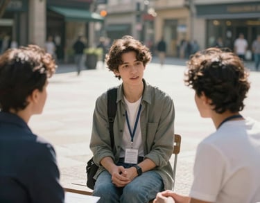 A candid shot of a mentoring session between a professional and a young adult in a sunlit urban plaza, International / Global, bright and inspiring atmosphere.