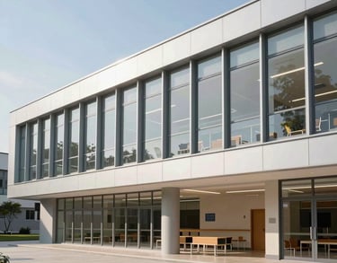 A professional architectural shot of a newly constructed modern school building with large windows and bright interiors, International / Global, bright daylight, Silver and Sand tones.
