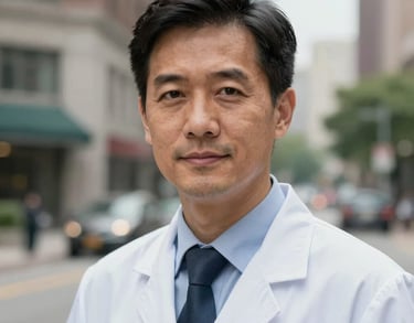 A professional male psychiatrist headshot, looking approachable and confident, outdoor urban North American setting with soft focus background.
