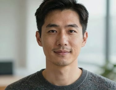 Professional headshot of a male clinical psychologist, calm and friendly expression, wearing a sweater, bright interior background.