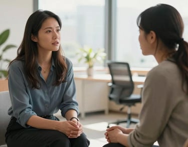 A professional counseling session in a bright, modern North American office, two individuals talking calmly, soft daylight, warm atmosphere.