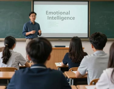 A high-school classroom in North America where a guest speaker is talking to students about emotional intelligence, modern educational setting.