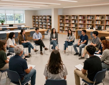 A community workshop in a bright library hall in the US, people sitting in a circle sharing ideas, modern and inclusive environment.