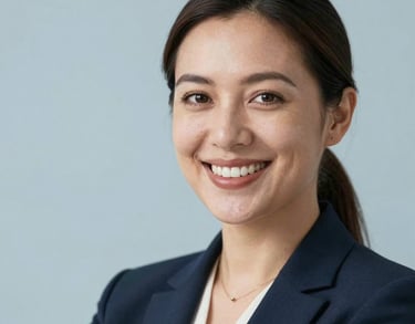 Professional headshot of a female counselor with a warm smile, wearing a professional blazer, soft studio lighting with a light blue background.