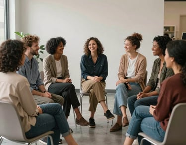A diverse group of people sitting together in a modern community center in the US, laughing and engaging in a support group meeting.