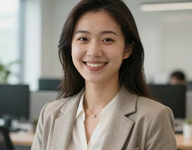A professional female youth mentor headshot, smiling warmly, wearing casual professional attire in a bright indoor office setting.