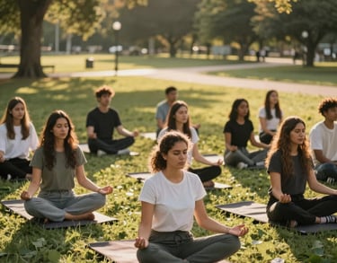 A group of diverse young adults in a North American park, participating in a mindfulness workshop, golden hour lighting, peaceful mood.