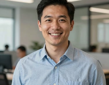 Professional headshot of a male outreach coordinator, smiling, North American office setting, modern professional style.