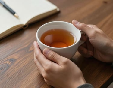 A pair of hands holding a cup of tea on a wooden table, soft focus, notebook and pen nearby, suggesting a safe space for reflection.