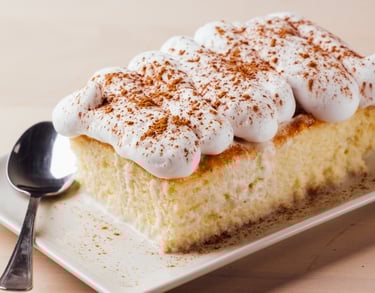 A slice of tres leches cake topped with whipped cream and cinnamon on a white plate with a spoon.