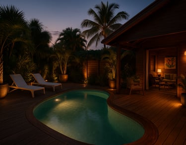 Éco-lodge de luxe dans les Caraïbes avec piscine à débordement, vue mer, plage de sable blanc et jardin tropical – concept hô