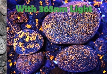 Yooperlite rocks showing with normal light and under 365nm uv light.