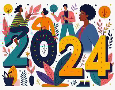 Vibrant and playful illustration representing the top raphic design trends for 2024,