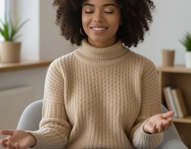 a woman sitting in a chair with her hands open and her hands open