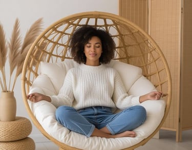 a woman sitting in a chair with her hands on her knees